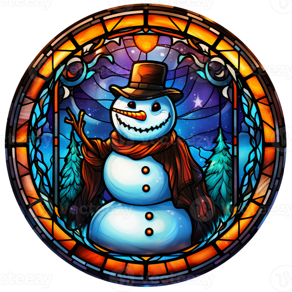 Stained glass Christmas snowman round digital illustration, shiny red yellow gradient frame, christmas tree AI generated png