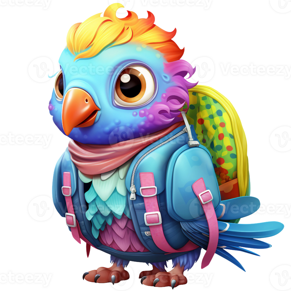 a colorful cute owl  with blue feather round eye with backpack digital clipart for back to school theme AI Generated png