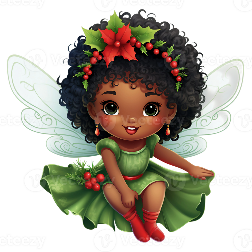 encantador Preto pequeno menina Natal fada, verde e vermelho deleite ai gerado png