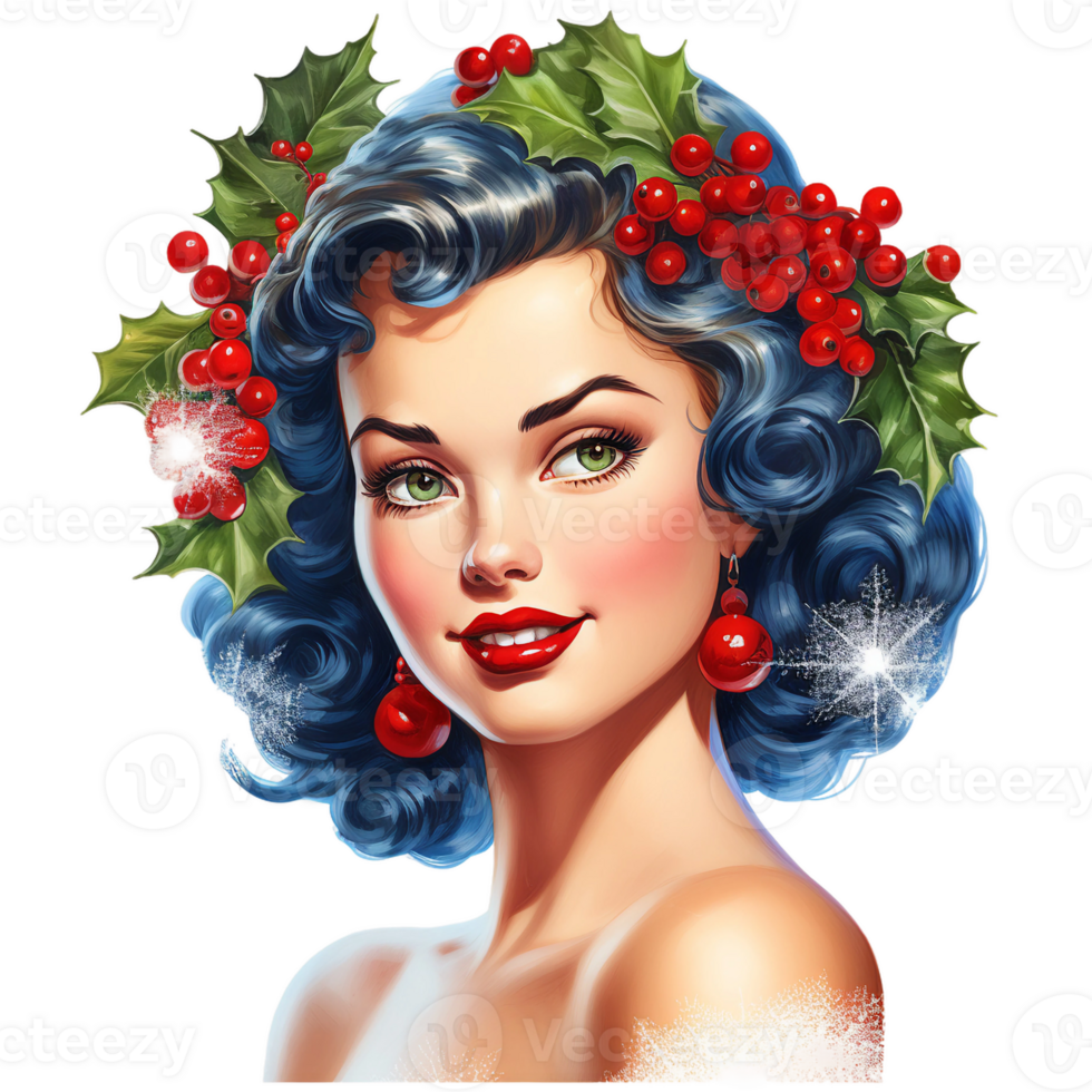 Vintage Christmas pinup girl black hair, holy leaf and cherry isolated clipart illustration AI generated png