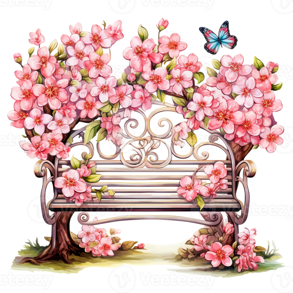 Floral bench with colorful spring flowers and butterfly illustration isolated AI generated png