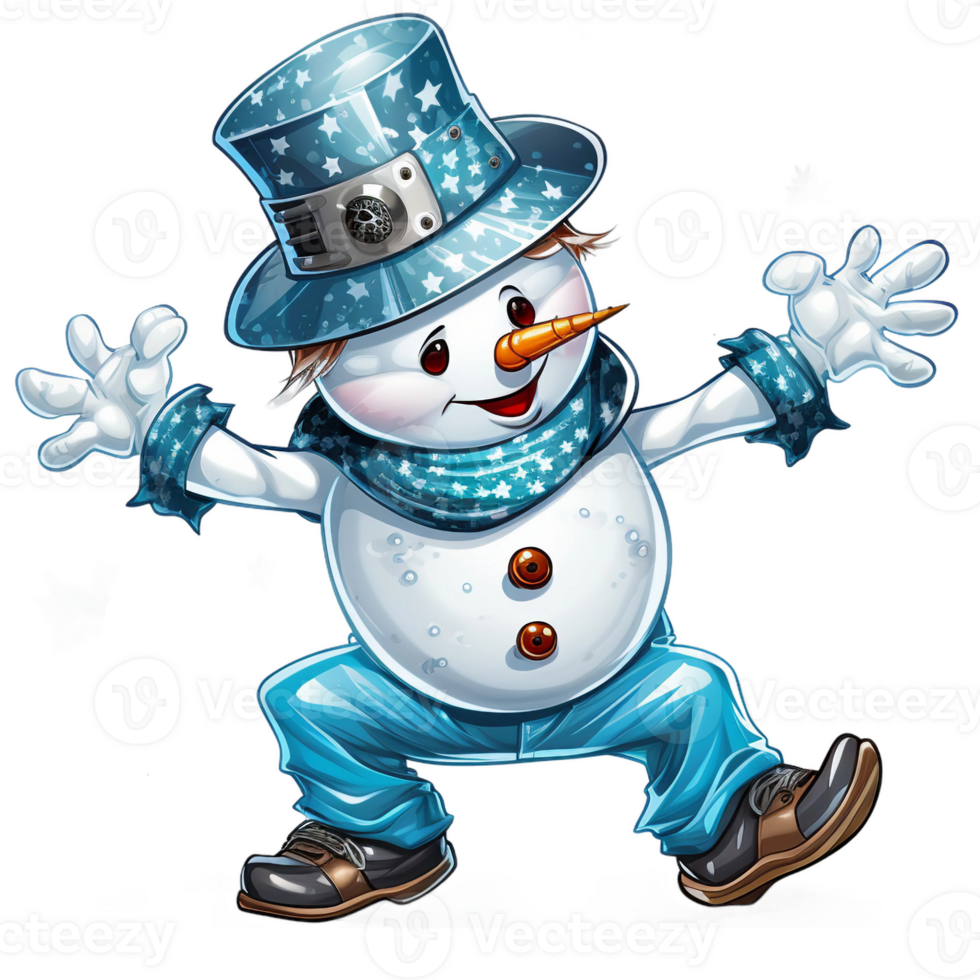 Christmas snowman with funny pose wearing blue isolated ai generated png
