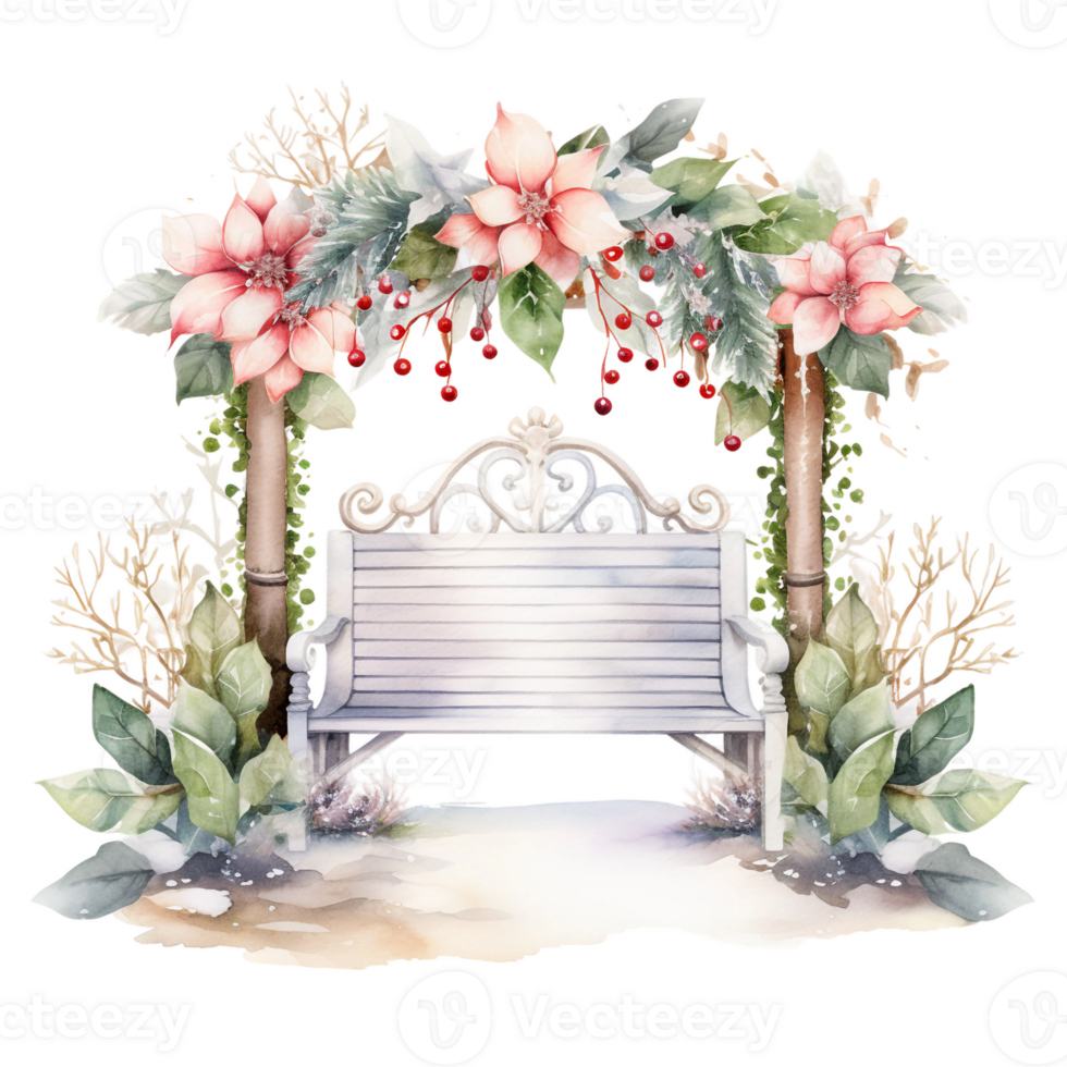 floral banc illustration isolé, Cadre avec fleurs dans arc forme et une banc est positionné milieu de le floral pilier ai généré png