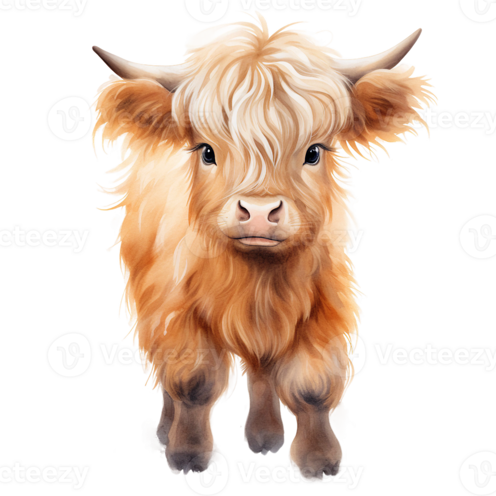 Cute highland cow front looking watercolor clipart isolated ai generated png