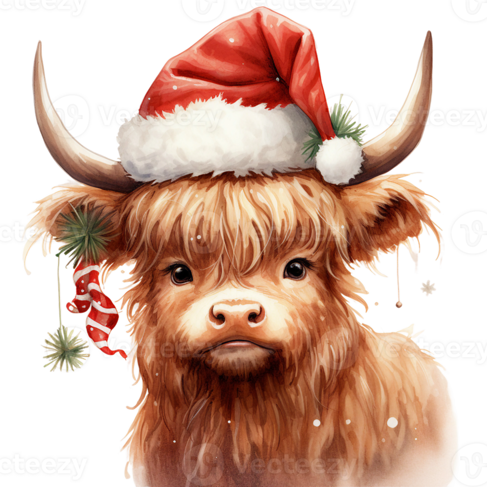 Cute highland cow with Christmas Santa Claus hat watercolor clipart isolated ai generated png