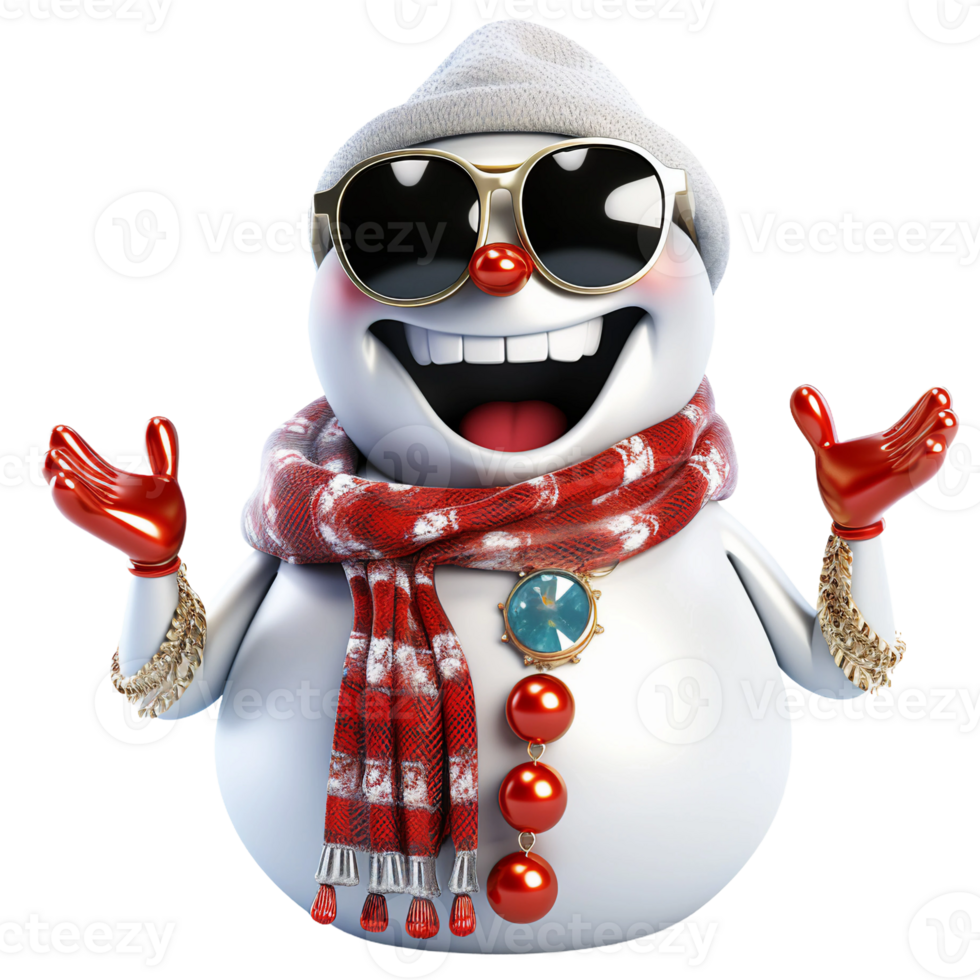 Christmas snowman wearing sunglass, laughing and winter clothes isolated ai generated png