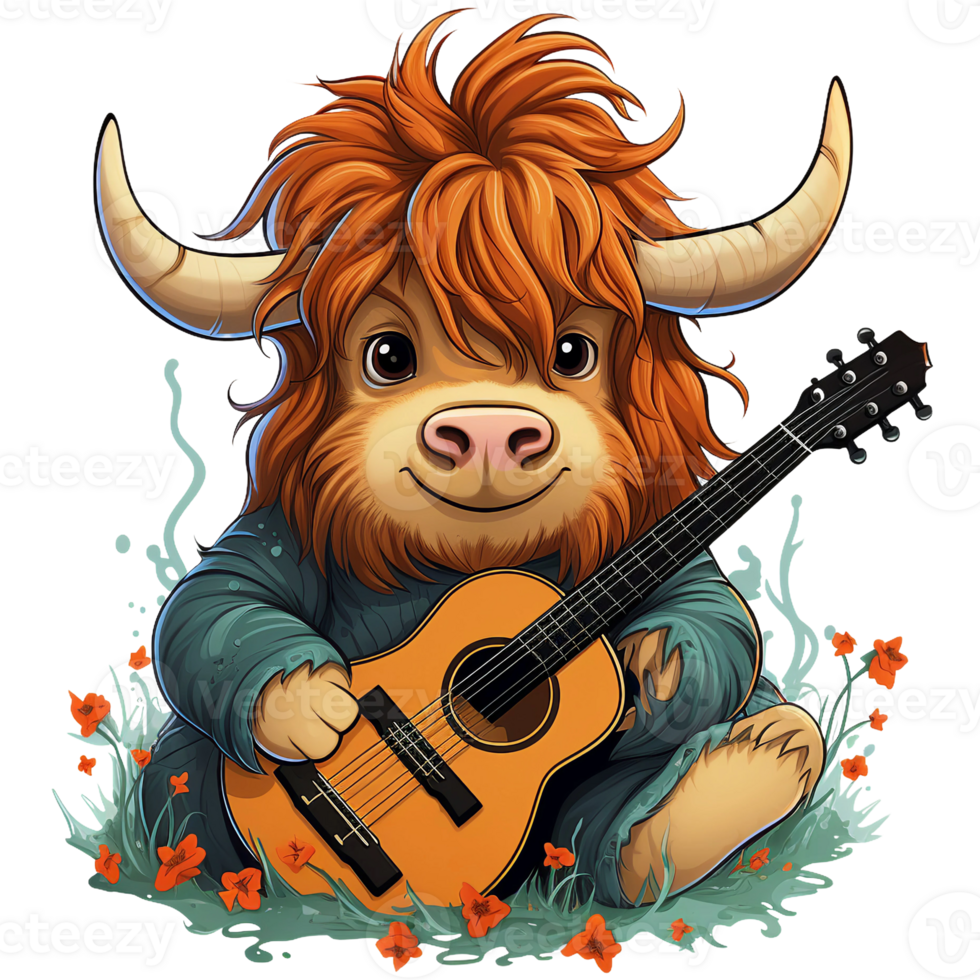 Highland cow hold guitar musical instrument illustration isolated AI generated png