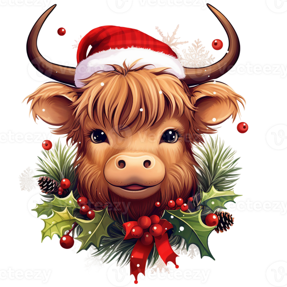 Highland cow christmas theme illustration isolated AI generated png