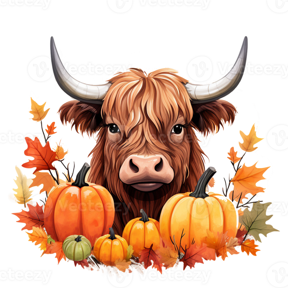 Highland cow autumn fall vibes illustration isolated AI generated png