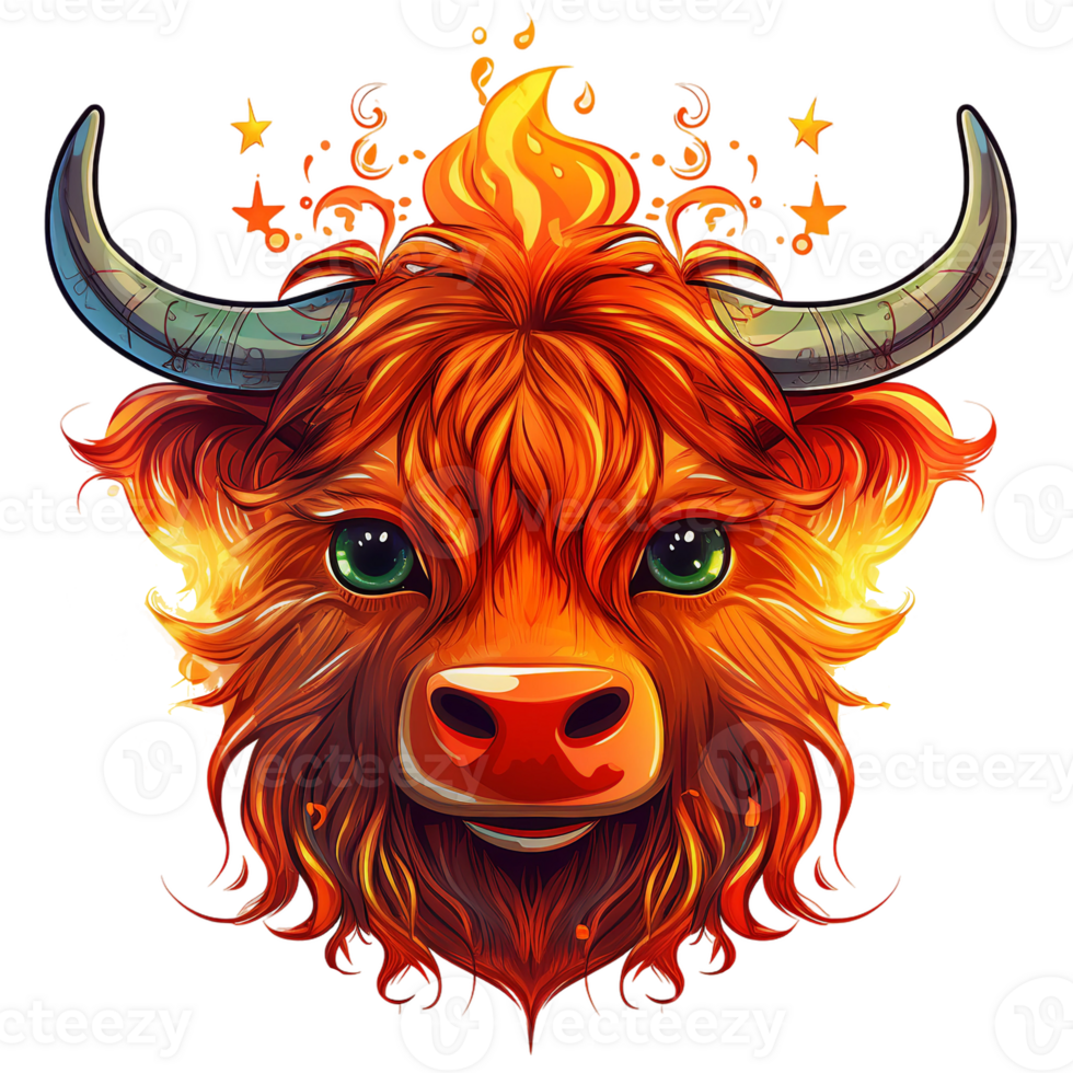 Highland cow fire effect illustration isolated AI generated png