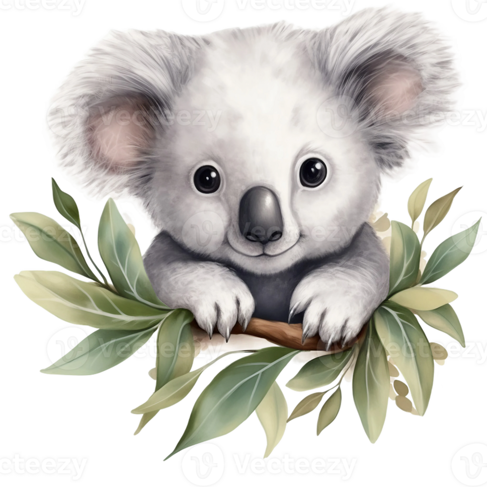 Cute koala with branch of leaves watercolor illustration isolated AI generated png