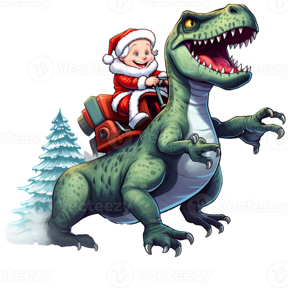 Christmas little Santa Claus on a ride with a green T rex Dinosaur isolated AI generated png
