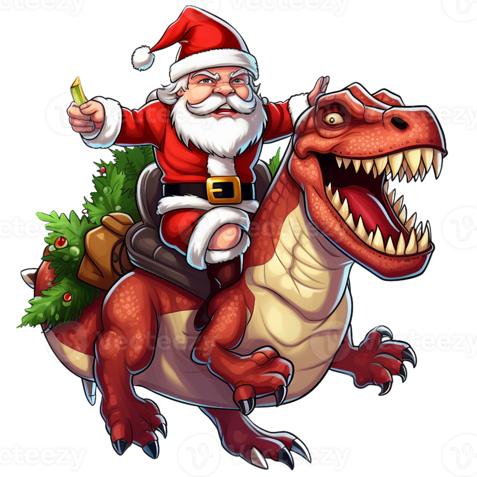 Christmas Santa Claus on a ride with T rex Dinosaur showing teeth isolated AI generated png