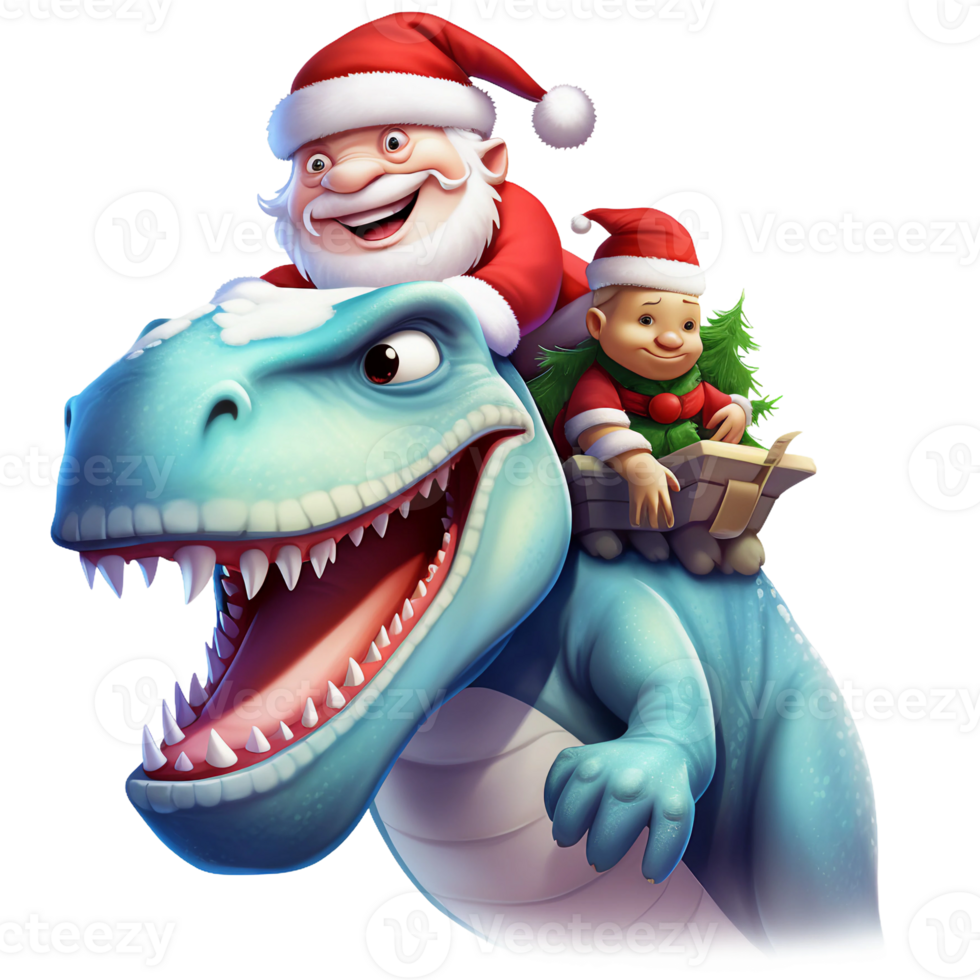 Christmas Santa Claus with a little boy are on a ride with blue T rex Dinosaur isolated AI generated png