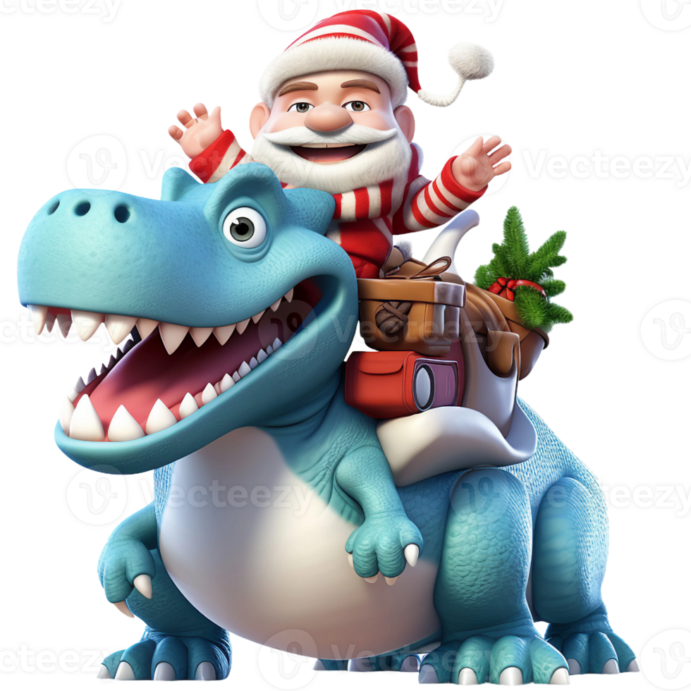 Christmas Santa Claus with a little boy are on a ride with blue T rex Dinosaur isolated AI generated png