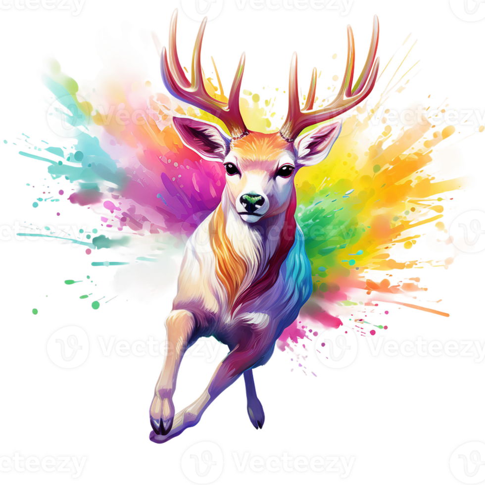 rainbow colored cute deer in the style of running speed coming out from rainbow color splash watercolor isolated AI generated png