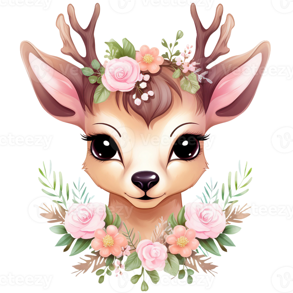 linda ciervo cabeza con grande adorable ojos y flores aislado ai generado png