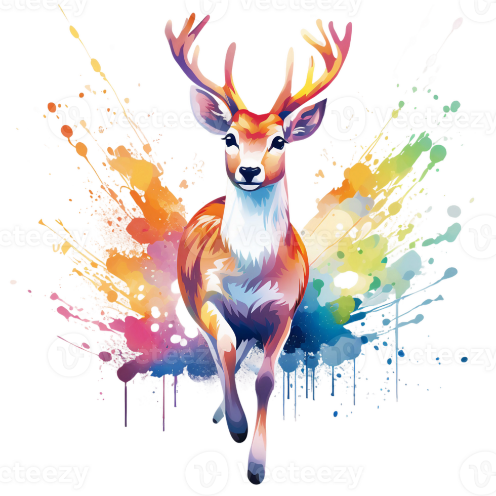 spring deer illustration clipart with rainbow colorful water splash in the background isolated AI generated png