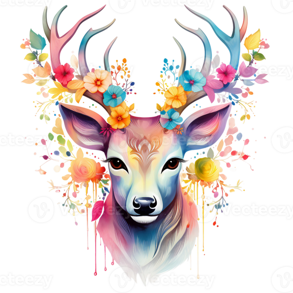 voorjaar hert hoofd met regenboog hoornr en kleurrijk bloemen waterverf illustratie geïsoleerd ai gegenereerd png