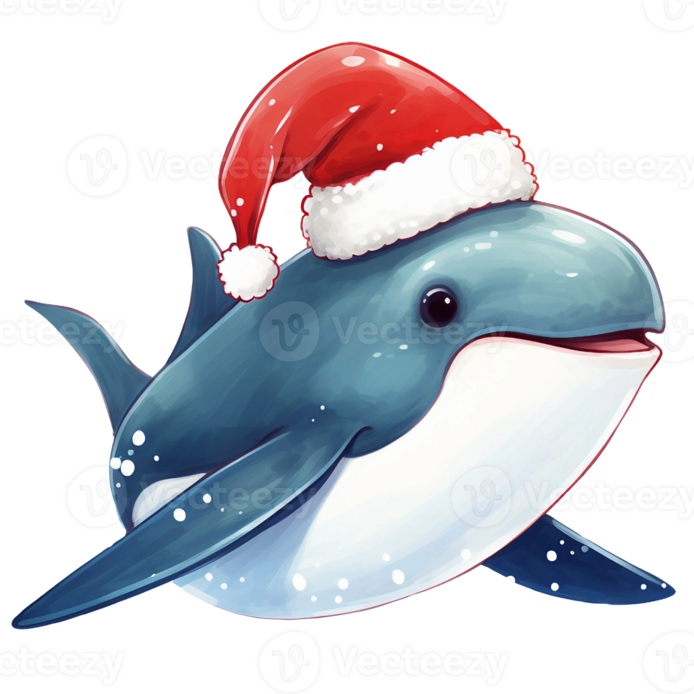Blau Wal tragen Santa claus Hut Weihnachten Thema Aquarell Illustration isoliert ai generiert png
