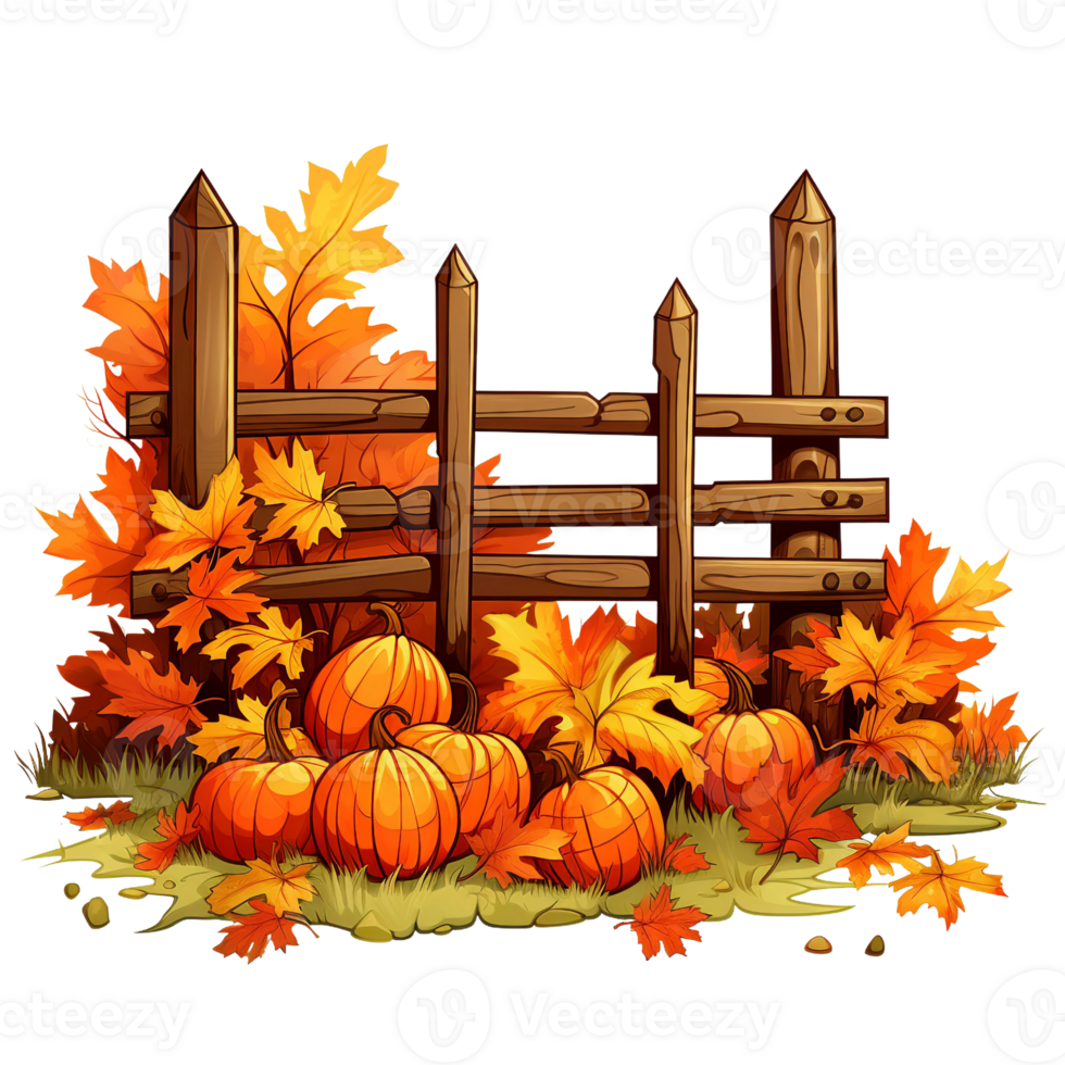 wooden fence with autumn fall pumpkin and leaves, orange and yellow, isolated AI generated png