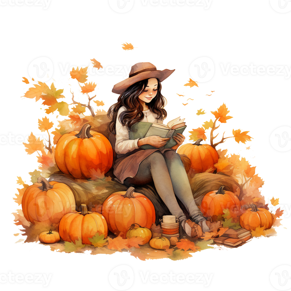 Autumn  fall girl reading book on a chair surrounded by bright pumpkins watercolor illustration isolated,  AI generated png