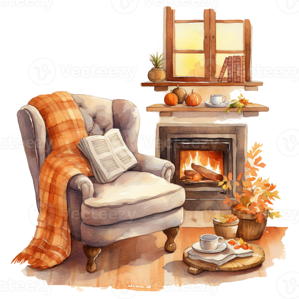 Autumn, fall cozy reading nooks  with book on chair and wooden oven with a window and pumpkins watercolor clipart AI generated png