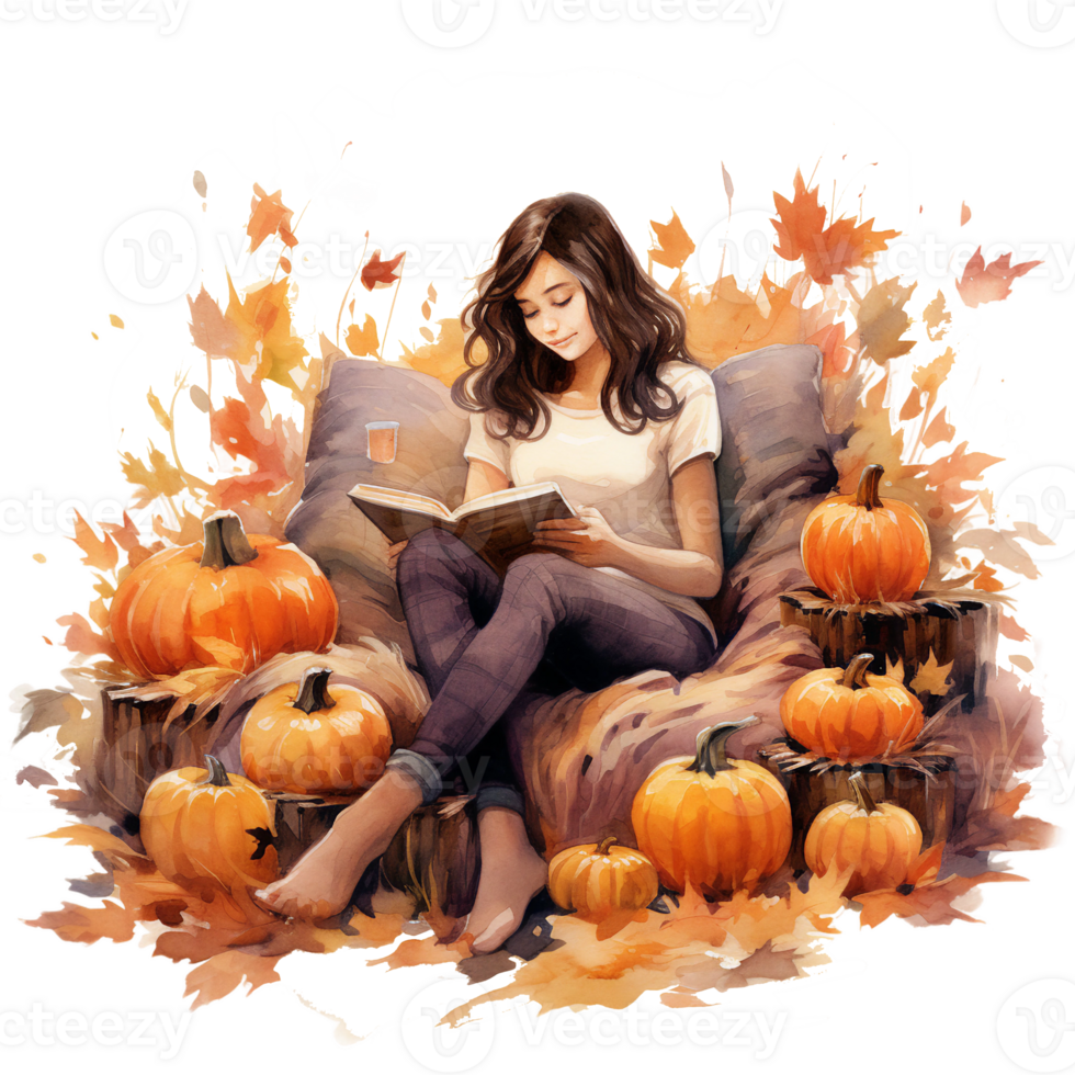 Autumn fall girl reading  on cozy chair surrounded by pumpkins watercolor illustration isolated, AI generated png