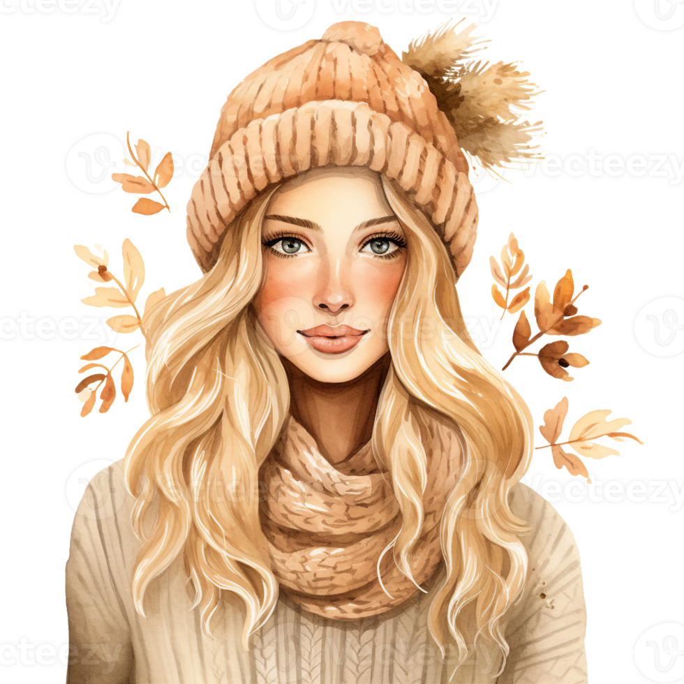 autumn fall fashion girl with white brown hair and slouchy winter hat, cozy outfit, isolated AI generated png