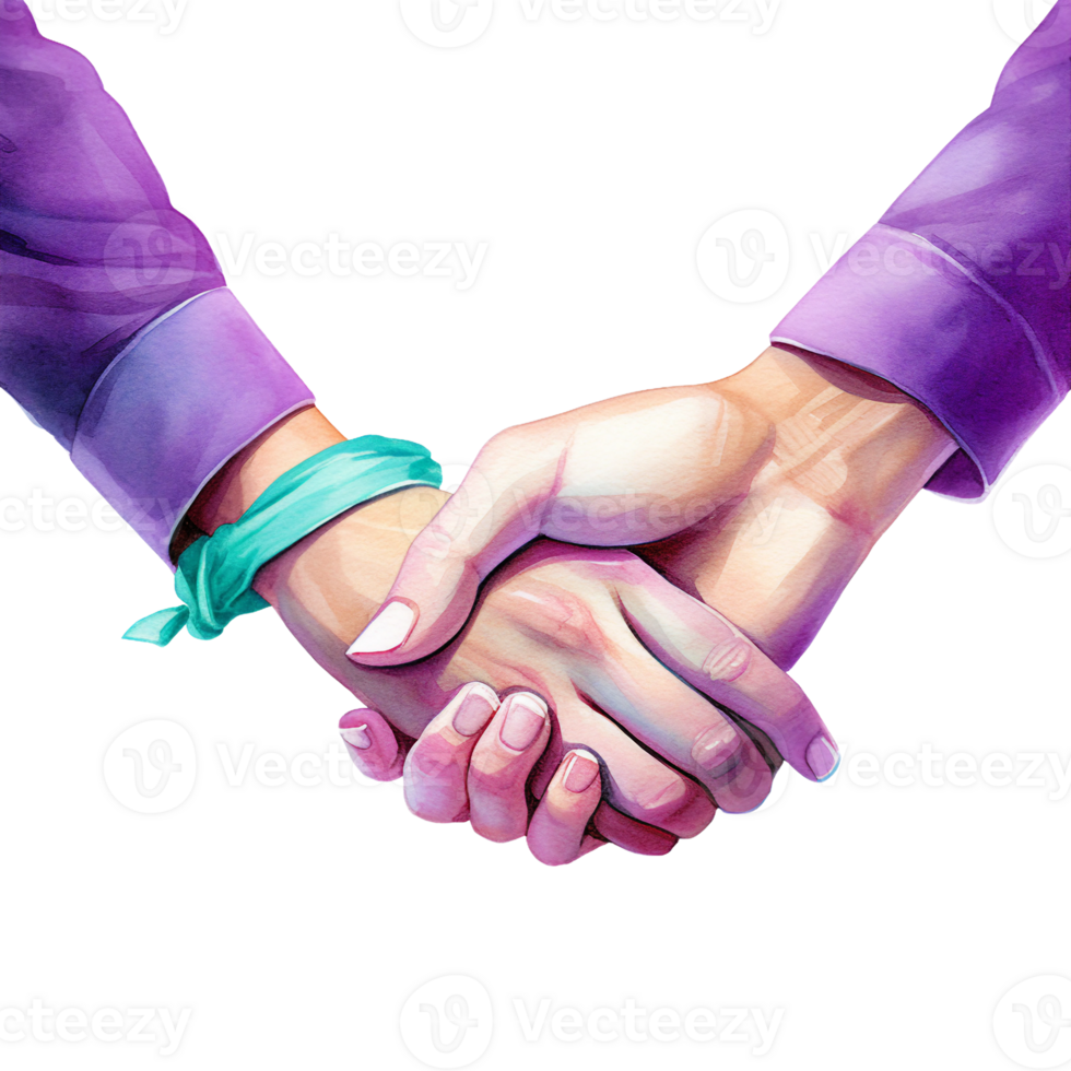 stödjande handslag, ljus turkos, lila och kricka blå grafik, självmord förebyggande vecka vattenfärg ClipArt isolerat ai genererad png