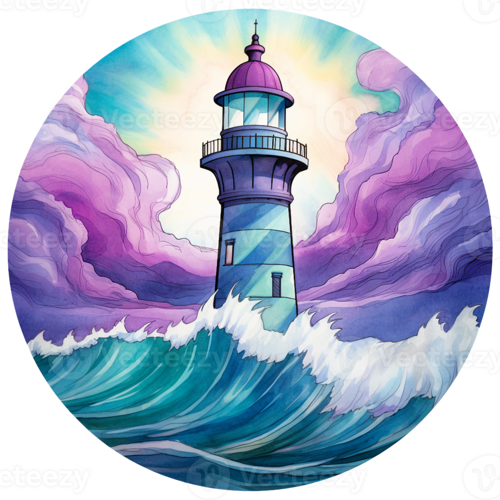 lighthouse with stormy ocean wave round, bright turquoise, purple and teal blue graphics, suicide prevention week watercolor clipart isolated AI generated png