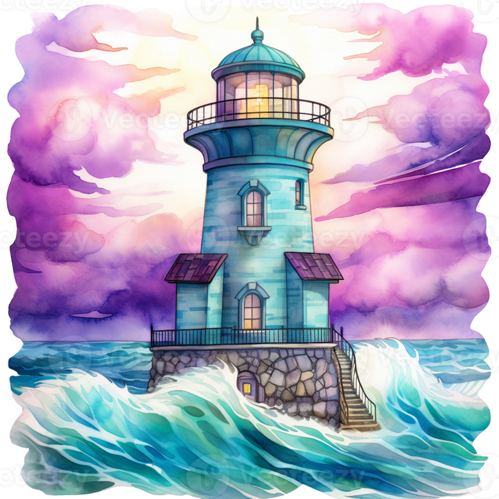 Lighthouse of hope in the stormy sea wave, bright turquoise, purple and teal blue graphics, suicide prevention week watercolor clipart isolated AI generated png