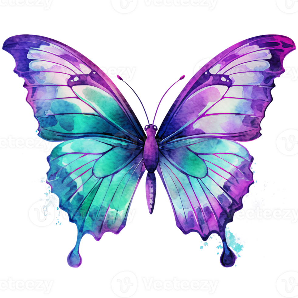 butterfly of hope, bright turquoise, purple and teal blue graphics, suicide prevention week watercolor clipart isolated AI generated png
