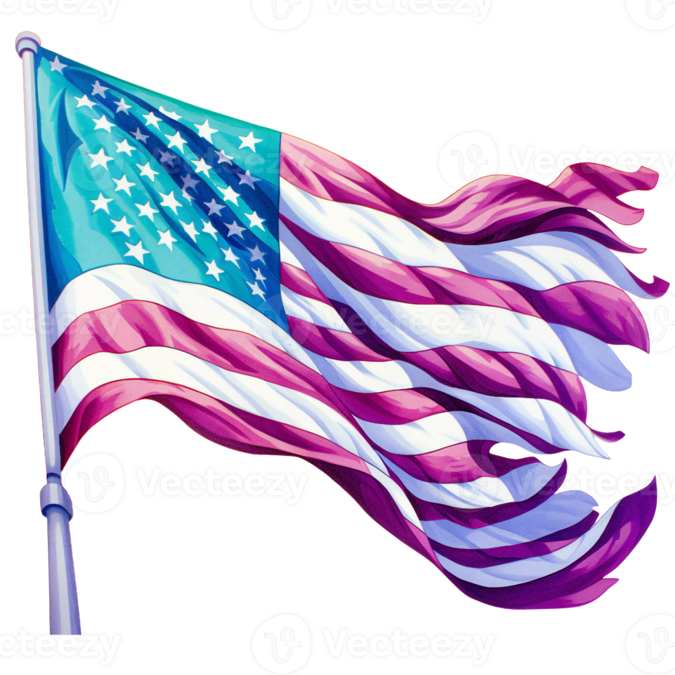 American flag, bright turquoise, purple and teal blue graphics, suicide prevention week watercolor clipart isolated AI generated png