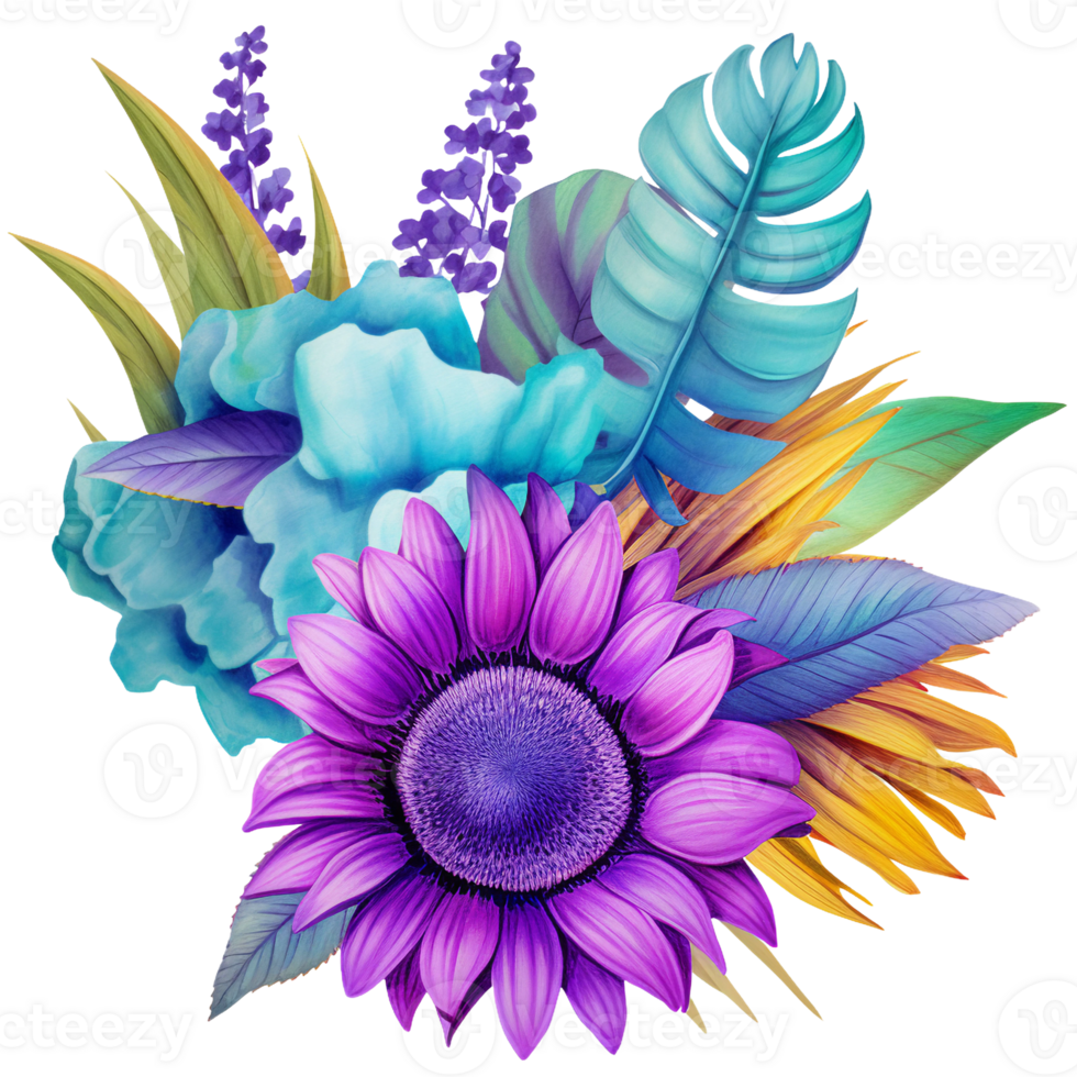hopeful purple sunflower and purple flower, bright turquoise, purple and teal blue graphics, suicide prevention week watercolor clipart isolated AI generated png