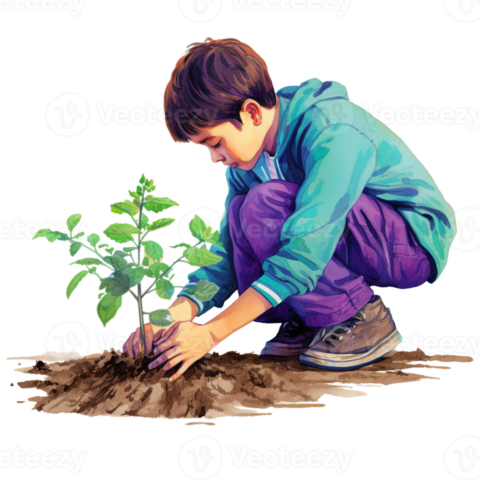 Boy planting tree showing growth and new life, bright turquoise, purple and teal blue graphics, suicide prevention week watercolor clipart isolated AI generated png