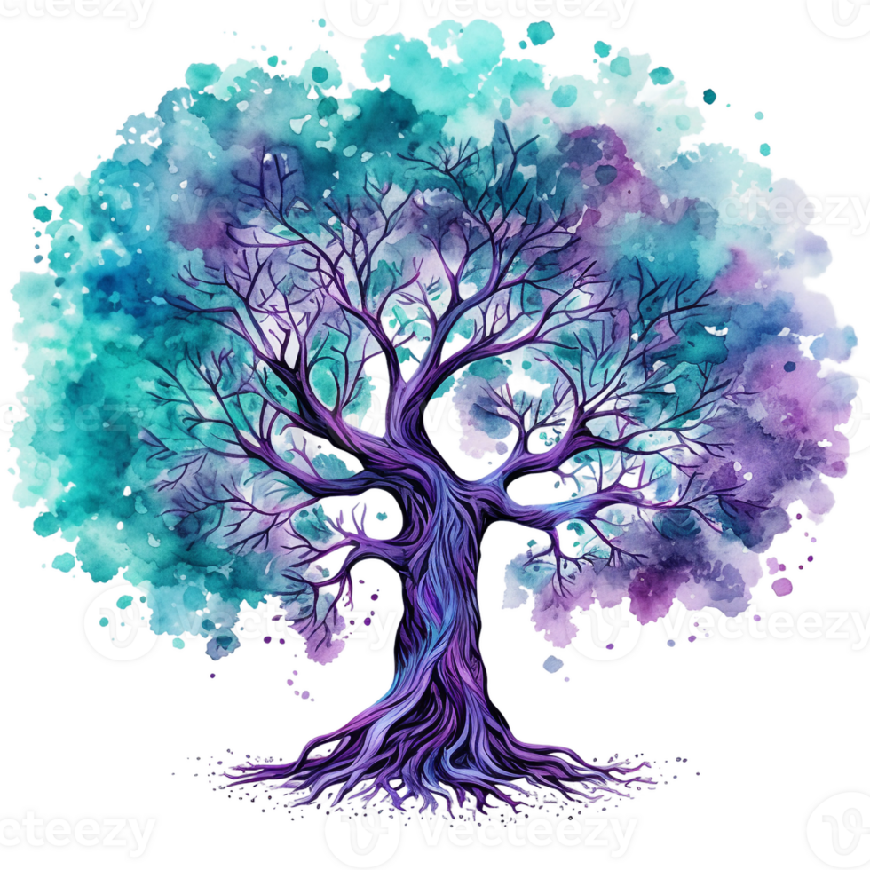 Tree of life, bright turquoise, purple and teal blue graphics, suicide prevention week watercolor clipart isolated AI generated png