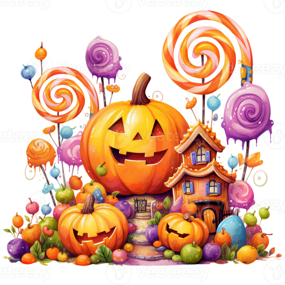 halloween lachend eng pompoen met snoep, snoepland waterverf illustratie geïsoleerd ai gegenereerd png