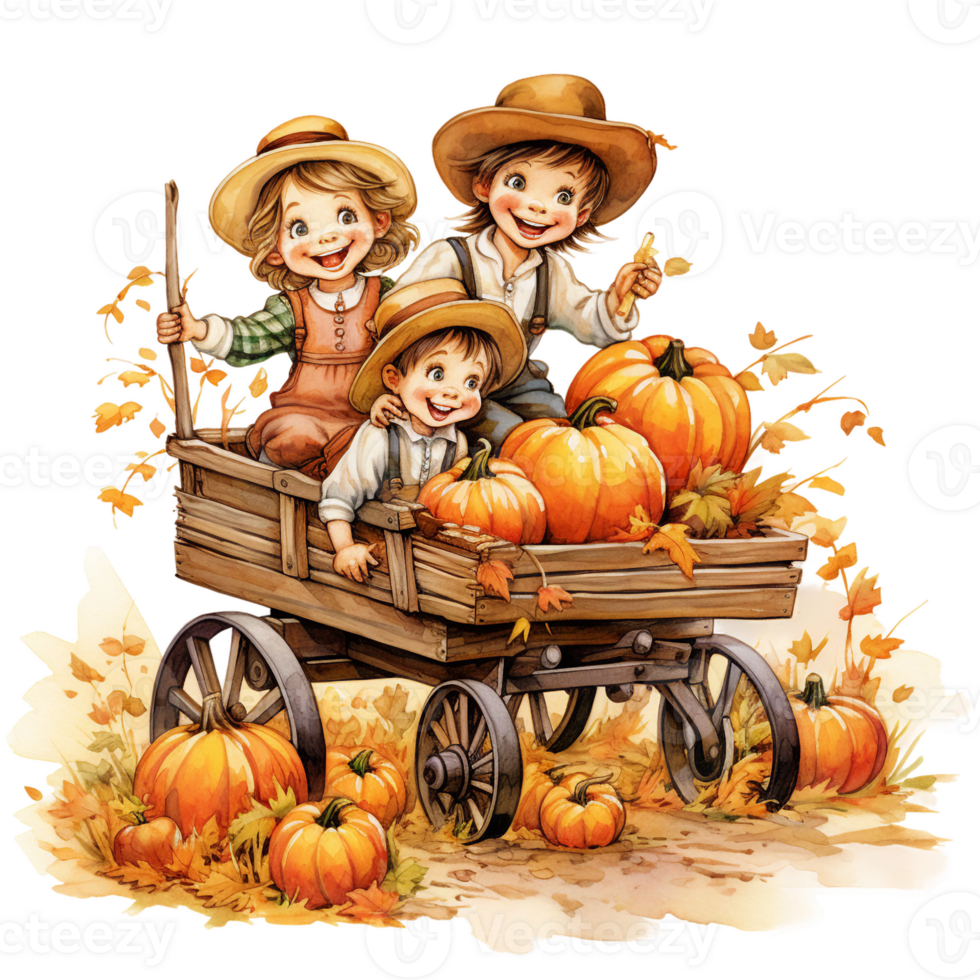 child and pumpkins, autumn farmhouse harvest scene watercolor isolated AI Generatiive png