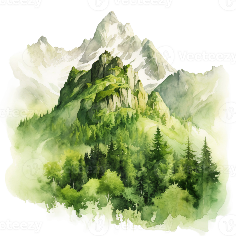 isolated watercolor green mountain landscape with mountains, pine tree ai generated png