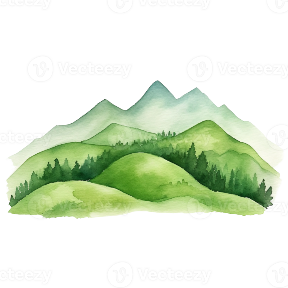 mountain landscape with layered mountains, grass and pine tree, green watercolor clipart isolated ai generated png