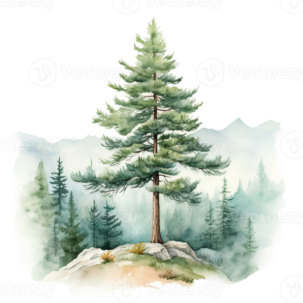 Watercolor illustration of green mountain covered with cloud and set of pine tree forest isolated ai generated png