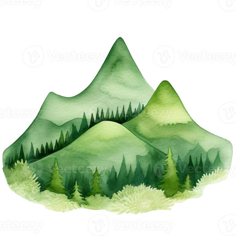 illustration of a landscape of mountain and green pine tree watercolor isolated ai generated png