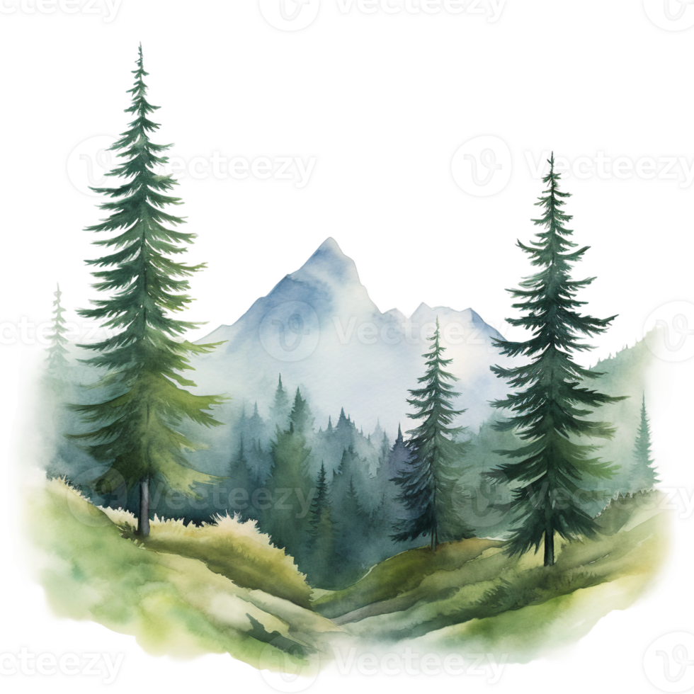 winter forest in the mountains and pine tree with cloud, isolated watercolor ai generated png
