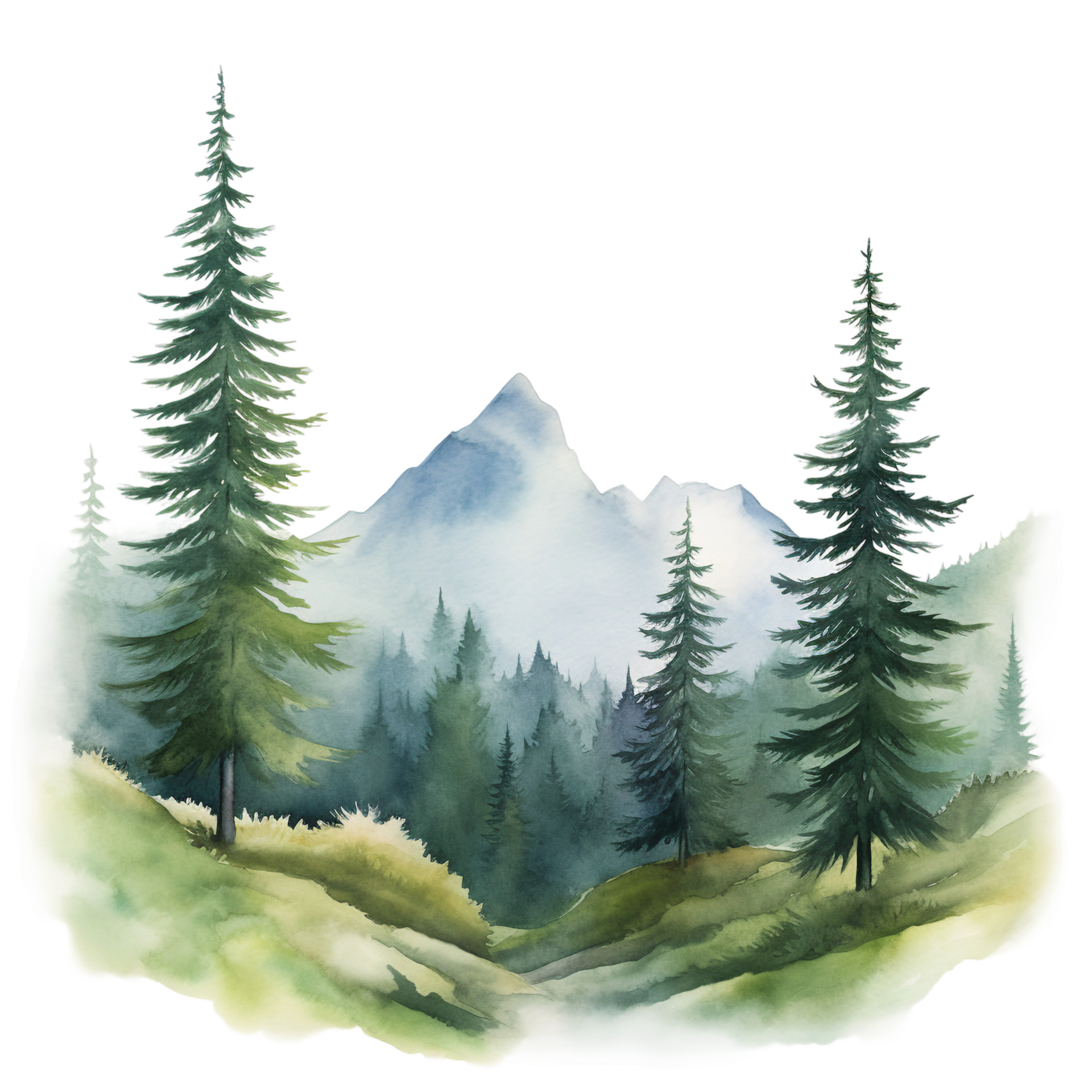 PNG image of green forest, watercolor tree illustration with woodland pine  trees and mountain landscape on transparent background, Generative AI Stock  Illustration