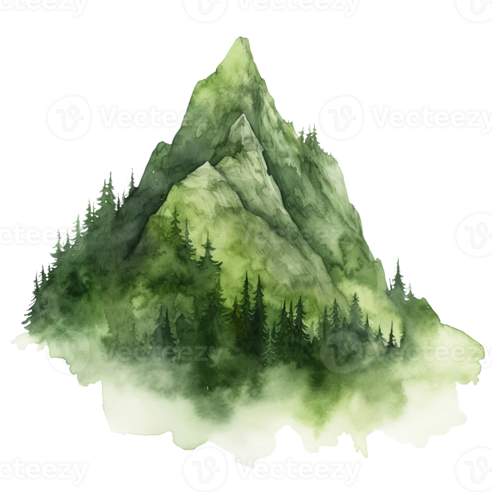 isolated watercolor green tall mountain with pine tree ai generated png