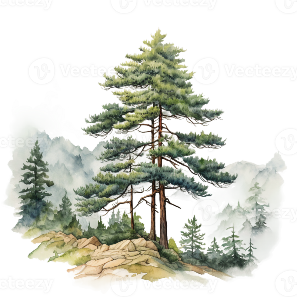 Watercolor illustration of green mountain covered with cloud and set of pine tree forest isolated ai generated png