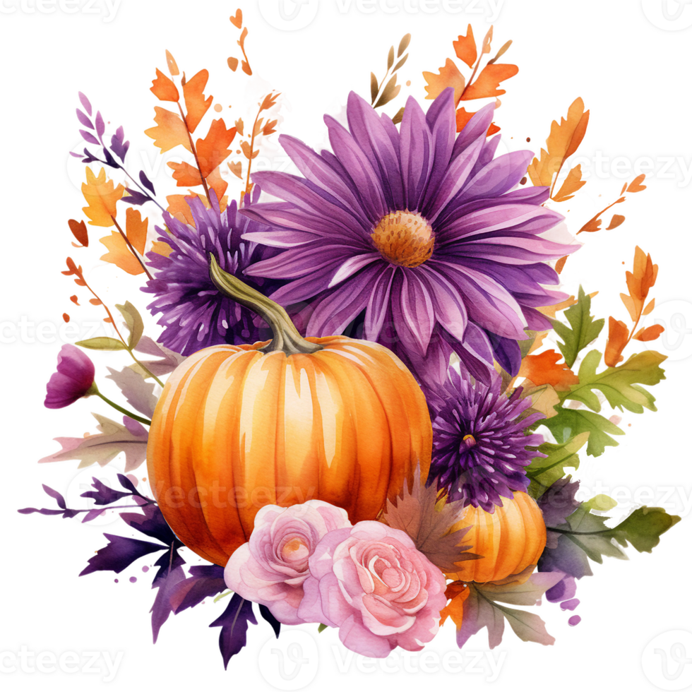 autumn pumpkin and purple daisy flowers watercolor illustration isolated ai generated png