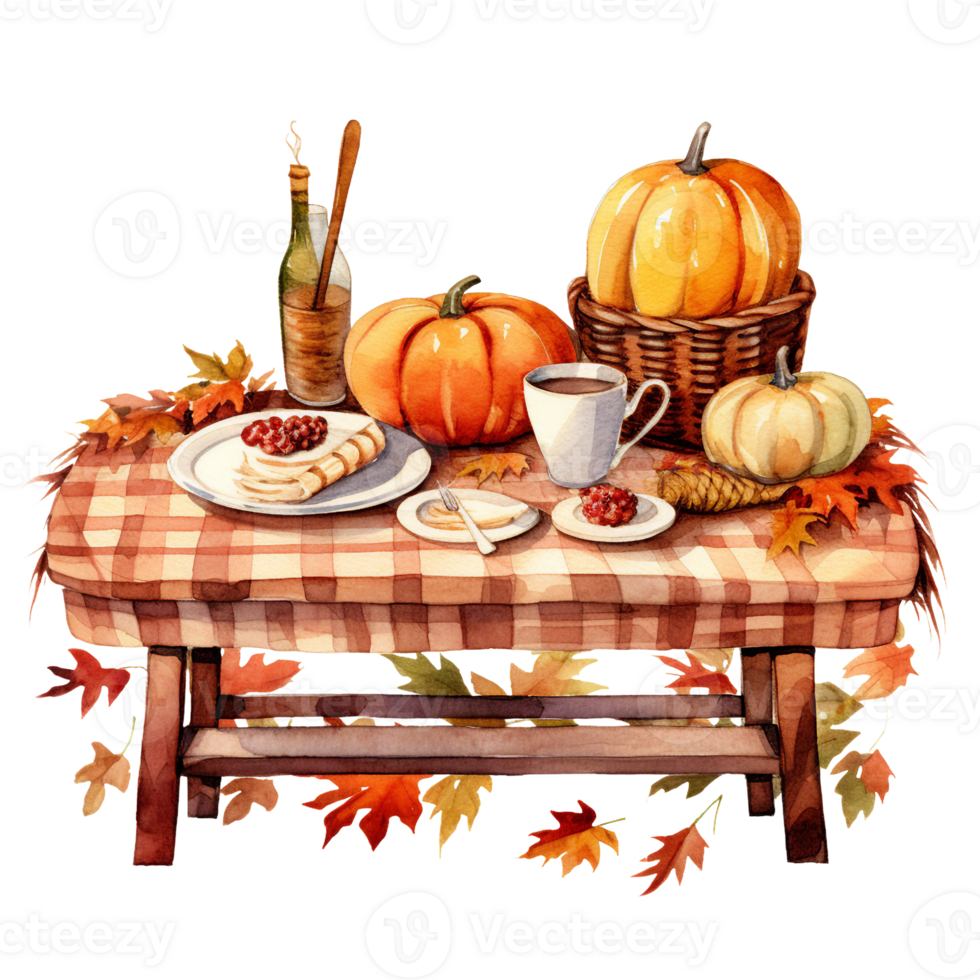 cozy autumn, fall scene of pumpkin on top of table and leaves watercolor illustration isolated ai generated png