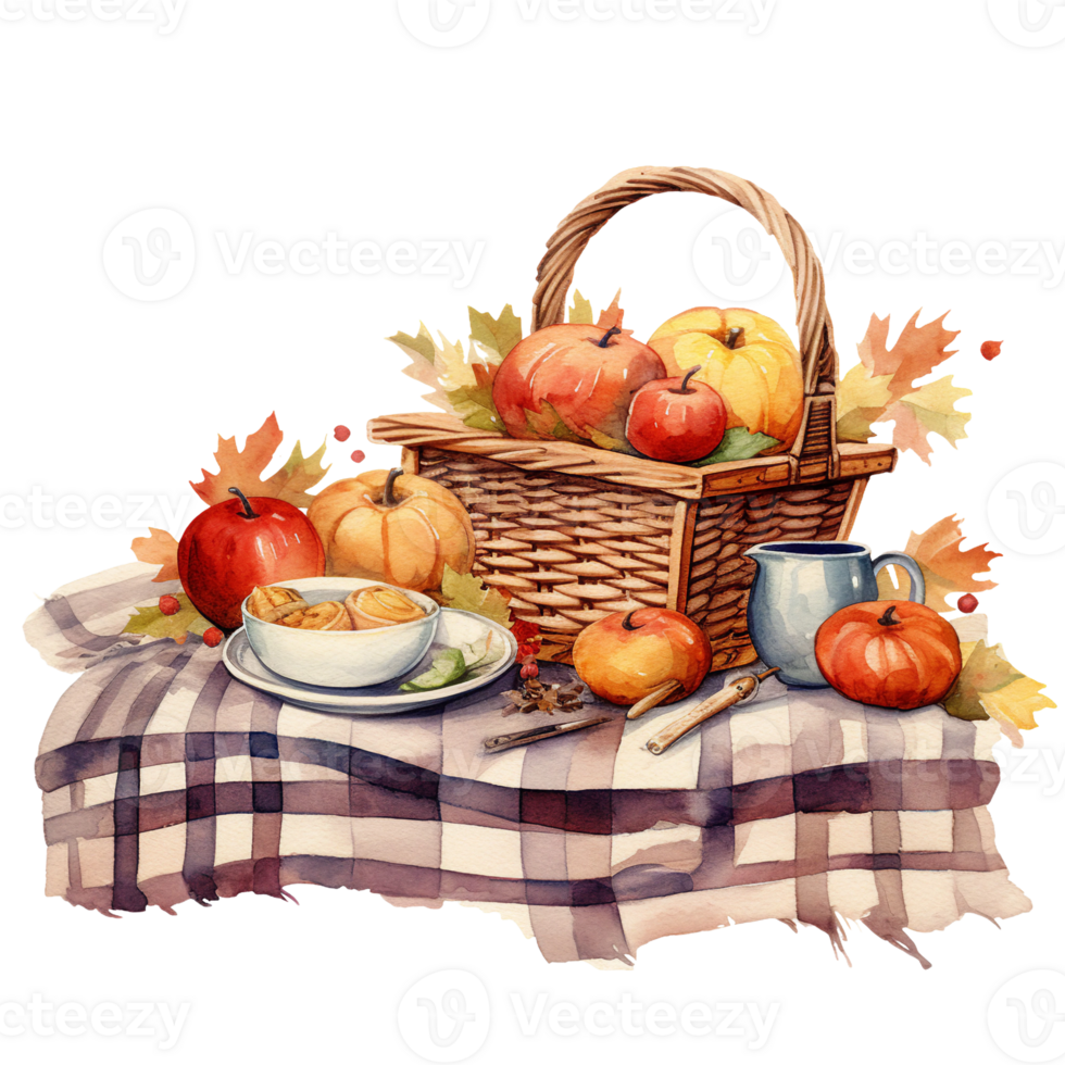 cozy autumn, fall scene of pumpkin basket on top of table and leaves watercolor illustration isolated ai generated png